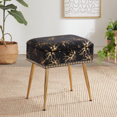 Lirago,Black Velvet Vanity Stool with Storage Ottoman Footrest for Bedroom & Living Room