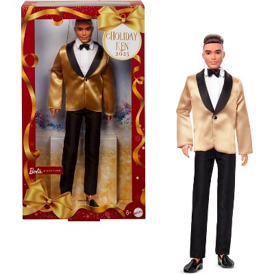 Barbie Signature 2025 Holiday Light Brown Hair Ken Collectible Fashion Doll wearing Full Suit with Golden Jacket