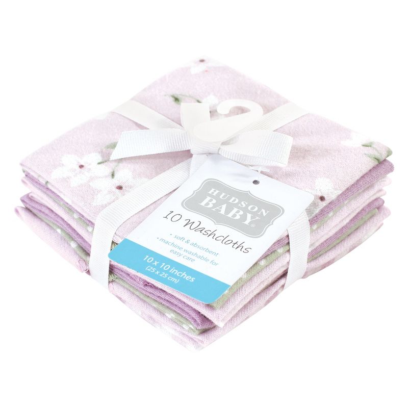 Hudson Baby Infant Girl Flannel Cotton Washcloths, Purple Dainty Floral 10 Pack, One Size, 2 of 8