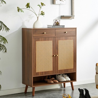 SKRAN Multi-functional Minimalist Natural Wood-Colored MDF Shoe Cabinet - Seamlessly Fits into Nordic, and Industrial Style Interiors
