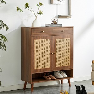SKRAN Multi-functional Minimalist Natural Wood-Colored MDF Shoe Cabinet - Seamlessly Fits into Nordic, and Industrial Style Interiors - 1 of 4