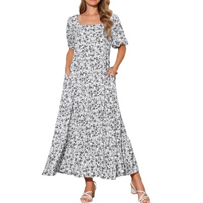 INSPIRE CHIC Women's Summer Floral Puff Short Sleeve Square Neck Boho Casual Pockets Tiered Midi Dress