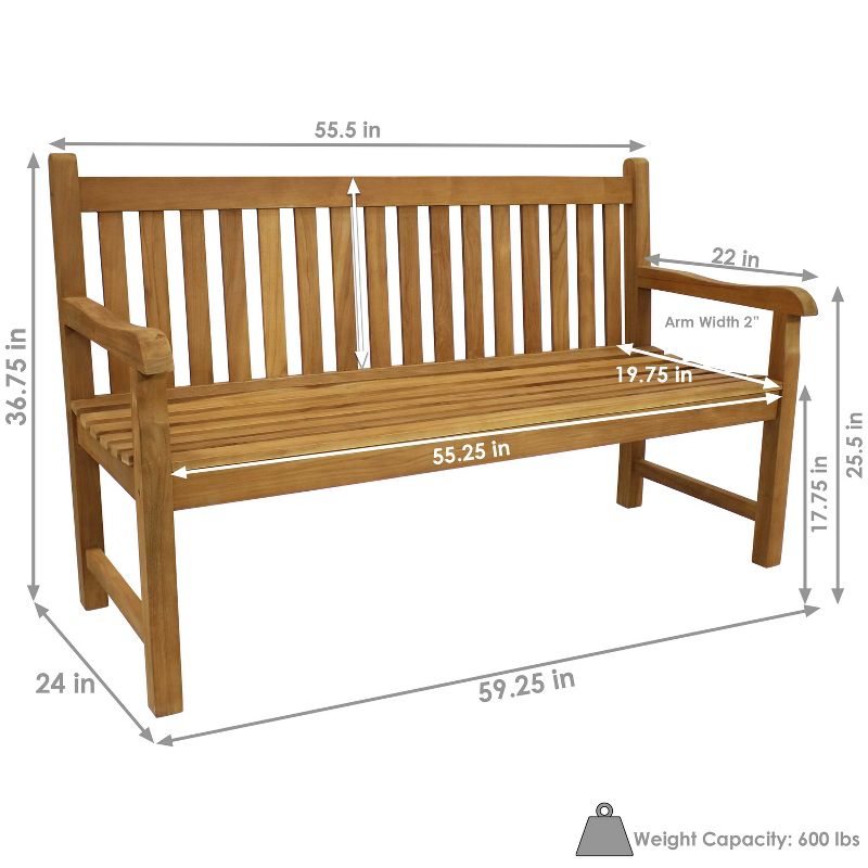 Sunnydaze Outdoor Solid Teak Wood with Light Stained Finish Patio Garden Bench Seat - 60" - Light Brown, 4 of 13