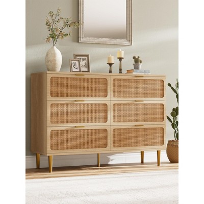 Rattan 6 Drawer Dressers for Bedroom, Large Double Dresser with Deep Drawers, Chest of Drawers for Closet with Wide Top