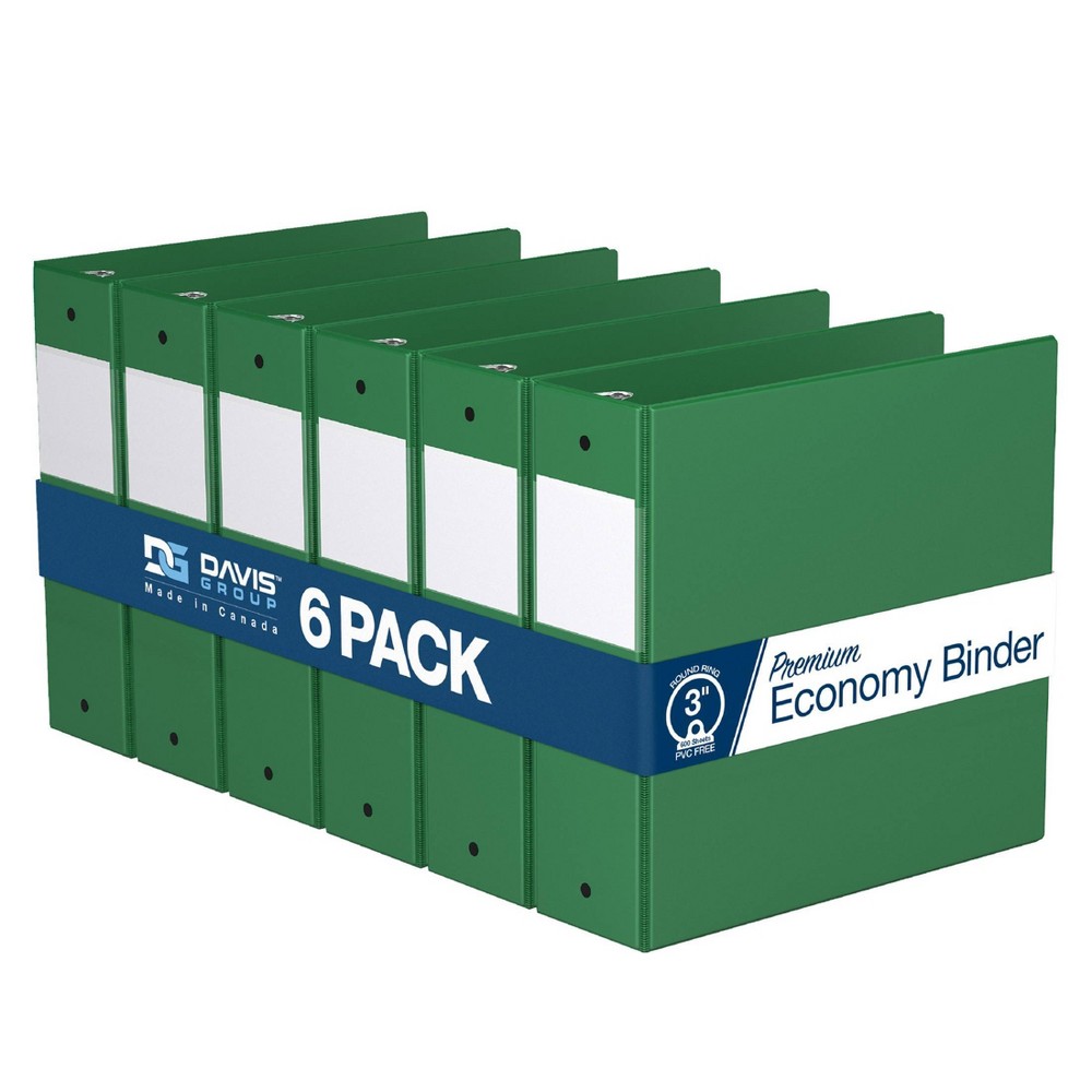 Premium Economy 3" Round Ring Binder 6pk Green: Davis Group, Hard Cover, 600 Sheet Capacity, 2 Pockets, Polypropylene
