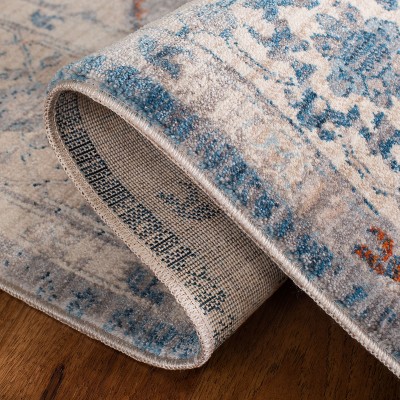 Vintage Blue and Gray Floral Motif Rectangular Area Rug