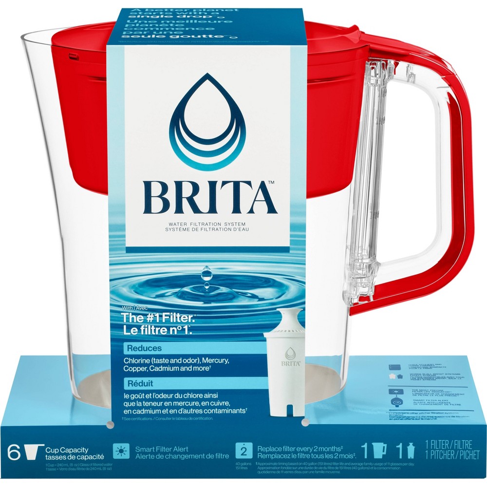 Brita Small 6 Cup Denali Water Filter Pitcher with 1 Brita Standard Filter  Red