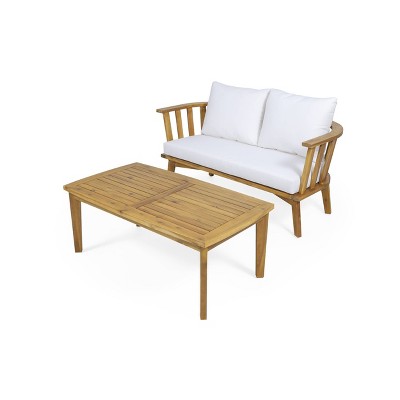 Solano 2pc Outdoor Wooden Loveseat with Coffee Table - White/Teak - Christopher Knight Home