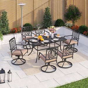 Captiva Designs 7pc Outdoor Patio Dining Slat-top Rectangle Steel Table & Swivel Metal Chairs with Cushions - 1 of 4