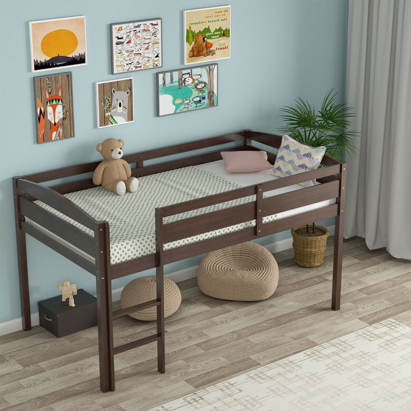 Costway Twin Low Loft Bunk Junior Bed Bedroom Wooden Guard Rail Ladder White/Espresso/Grey, 5 of 11