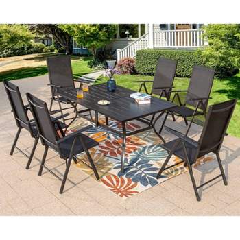 7pc Patio Dining Set Rectangular Table with Umbrella Hole & Folding Reclining Chairs - Captiva Designs