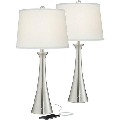 360 Lighting Modern Table Lamps Set of 2 with USB and AC Power Outlet in Base Brushed Nickel White Drum for Living Room Bedroom