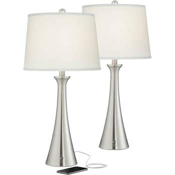 360 Lighting Karl Modern Table Lamps 27 1/2" Tall Set of 2 Brushed Nickel with USB and Outlet White Drum Shade for Bedroom Living Room House Bedside