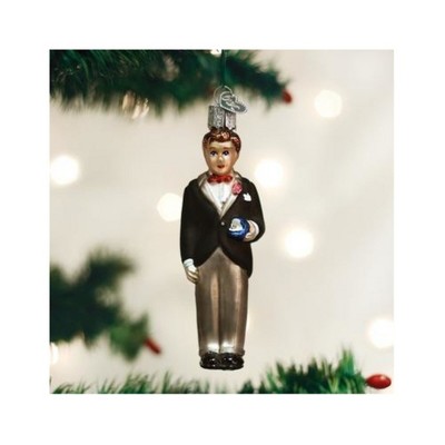 Hand-Painted Glass Groom Ornament with Red Bow Tie