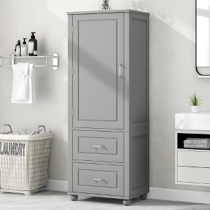 Tall Bathroom Storage Cabinet with 2 Drawers and Adjustable Shelves, Freestanding MDF Cabinet with Anti-Tip Device - 1 of 4