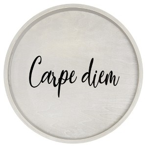 HomeRoots 14" Gray And Black Carpe Diem Round Serving Tray With Handles - 1 of 4