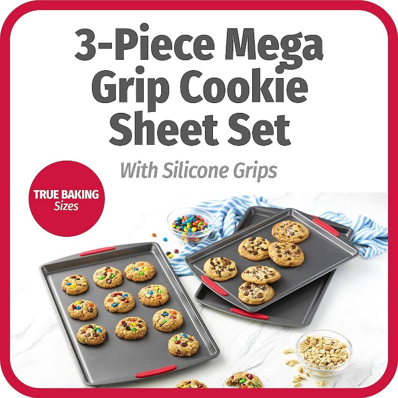 GoodCook Mega Grip Set of 3 Nonstick Steel Multipurpose Cookie Sheets with Silicone Grip Handles, Gray,Gray, 3 of 9
