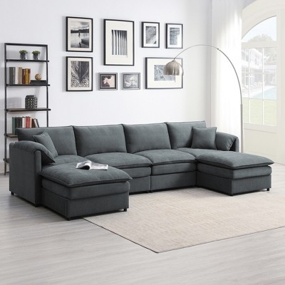 Whisen Chenille Modular Sectional Sofa with Thick Double Cushions and Ottomans, U-shaped Cloud Couch Set