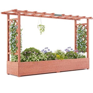 GustoWave Elevated Garden Bed with Arch Trellis & Hanging Roof for Vine Climbing Plants, Wood Planter Box with Hanging Roof, 4 Drainage Holes - 1 of 4