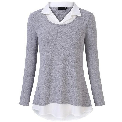 Coolmee Women's Tunics Tops Long Sleeve Contrast Collared Shirts Patchwork Work Blouse Tunics Tops