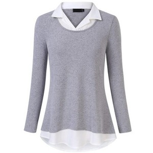 Coolmee Women's Tunics Tops Long Sleeve Contrast Collared Shirts Patchwork Work Blouse Tunics Tops - 1 of 4