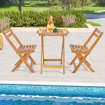 Costway 3 PCS Folding Patio Bistro Set Solid Acacia Wood Table & Chairs Slatted Tabletop