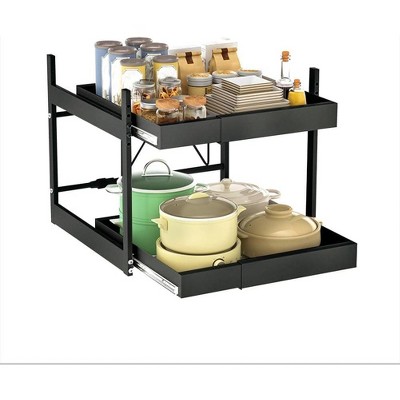 2-Tier Carbon Steel Pull Out Cabinet Organizer, Slide Out Shelf for Under Sink Kitchen Bathroom Laundry Pantry Storage, Durable Design