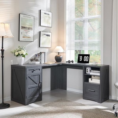TAJSOON Home Office Desk, Modern Farmhouse Computer Desk with File Cabinet Letter T4 F4 Legal, Study Writing Desk, 59 Inch, Cool Black