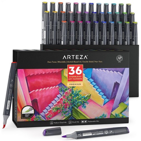 EverBlend Ultra Art Markers, Brush Nib, Bright Colors - Set of 12 - Arteza