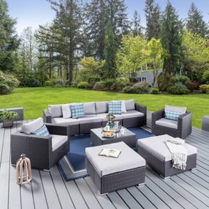 Santa Rosa 9pc Wicker Patio Sectional Sofa Set - Gray/Silver - Christopher Knight Home: Weather-Resistant, Aluminum Frame, Tempered Glass Table - 1 of 4