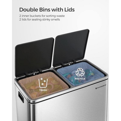 16 Gallon Silver Stainless Steel Dual Compartment Kitchen Trash Can
