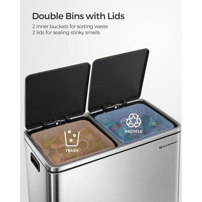 SONGMICS Dual Trash Can, 16 Gal (60L) Rubbish Bin and 15 Trash Bags, Metal Step Bin, with Dual Compartments, Airtight, 5 of 7
