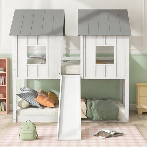 Luxystar Twin over Twin House Bunk Bed with Slide and Windows for Kids' Room, White+Gray - 1 of 4