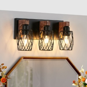 18" Industrial Vintage 3-Light Wall Sconce- Black Cage Wall Lighting Fixture with Wooden Accents for Bathroom,Hallway,Living Room (Bulb Not Included) - 1 of 4