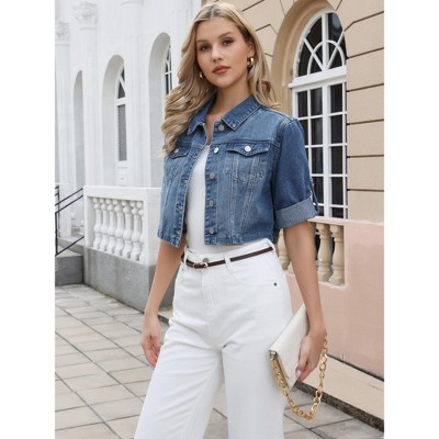 INSPIRE CHIC Women's Denim 2026 Casual Turndown Collar Button Down Half Sleeve Crop Jean Jacket X-Small Blue — фото 4