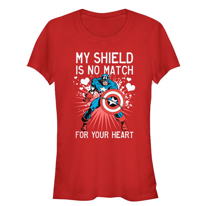 Juniors Womens Marvel Valentine Captain America No Shield For Heart T-Shirt, 1 of 4
