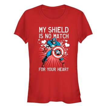 Juniors Womens Marvel Valentine Captain America No Shield For Heart T-Shirt