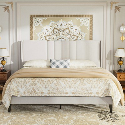 COMHOMA Queen Bed Frame, Upholstered Platform Bed with Headboard Wingback, Soft Line Fabric, No Box Spring Needed,Ivory White