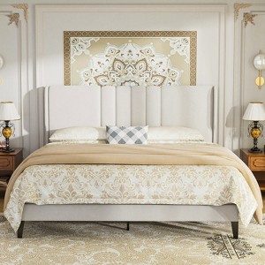 COMHOMA Queen Bed Frame, Upholstered Platform Bed with Headboard Wingback, Soft Line Fabric, No Box Spring Needed,Ivory White - 1 of 4