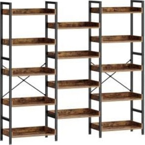 COZONY Triple 5 Tier Bookshelf, Wide Rustic Wooden Bookcase Display Shelf for Living Room Bedroom Office - 1 of 4