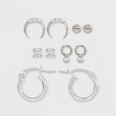 Sterling Silver with Assorted Cubic Zirconia Hoop Stud Earring Set 5pc - A New Day™ Silver