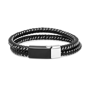 Steeltime Men's black leather and stainless steel wire braided bracelet with black ip stainless steel magnetic clasp - 1 of 4