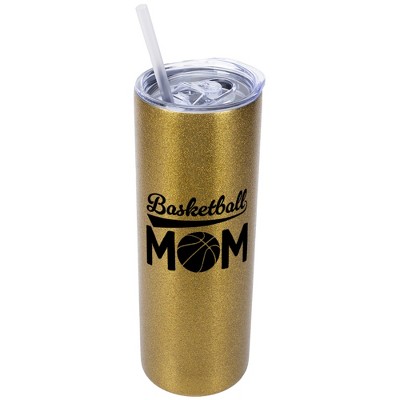 Elanze Designs Vegas Gold 20 Ounce Double Wall Stainless Steel Glitter Travel Tumbler With Sliding Lid And Straw, Basketball Mom