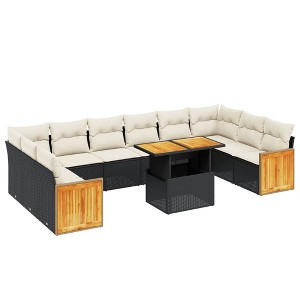 vidaXL 11 Piece Patio Sofa Set with Cushions Black Poly Rattan - Black and Cream - 1 of 4