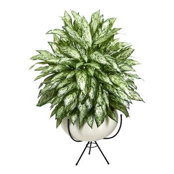 Nearly Natural 4-ft Silver Queen Artificial Plant in White Planter with Metal Stand