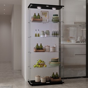 Racxily Tempered Glass Display Cabinet, Wine Cabinet, Storage Cabinet, File Cabinet with LED, Lock on Door, Tempered Glass Top, Casters at Bottom - 1 of 4