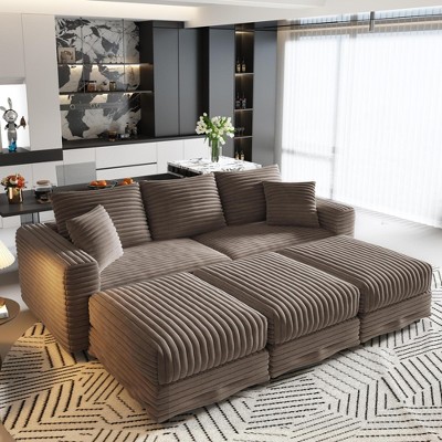 82.7'' Plush Corduroy Upholstered Convertible Sectional Sofas with Movable Ottomans, Deep Seat and Convertible Lounge Chair for Modern Living Room