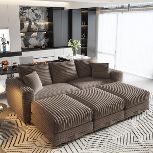 82.7'' Plush Corduroy Upholstered Convertible Sectional Sofas with Movable Ottomans, Deep Seat and Convertible Lounge Chair for Modern Living Room - 1 of 4