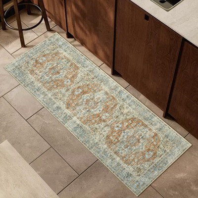 Decorative Vintage Area Rug for Kitchen Living Room - Distressed Retro Medallion Carpet, Soft Washable Non Slip Low Pile Non Shedding Thin Rug