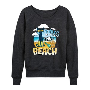 Women's - Pete the Cat - I Dig The Beach Lightweight French Terry Wide Neck Long Sleeve Shirt - 1 of 4